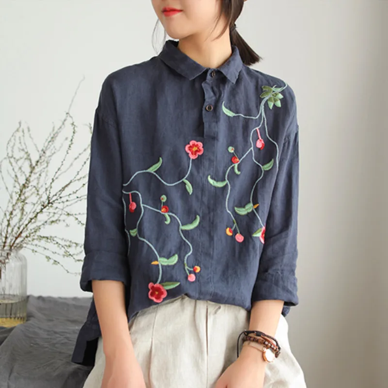 

Johnature New Loose Casual Linen Floral Embroidery Female Blouse 2019 Spring Fashion Long Sleeve Pullover Women Shirts Blouse
