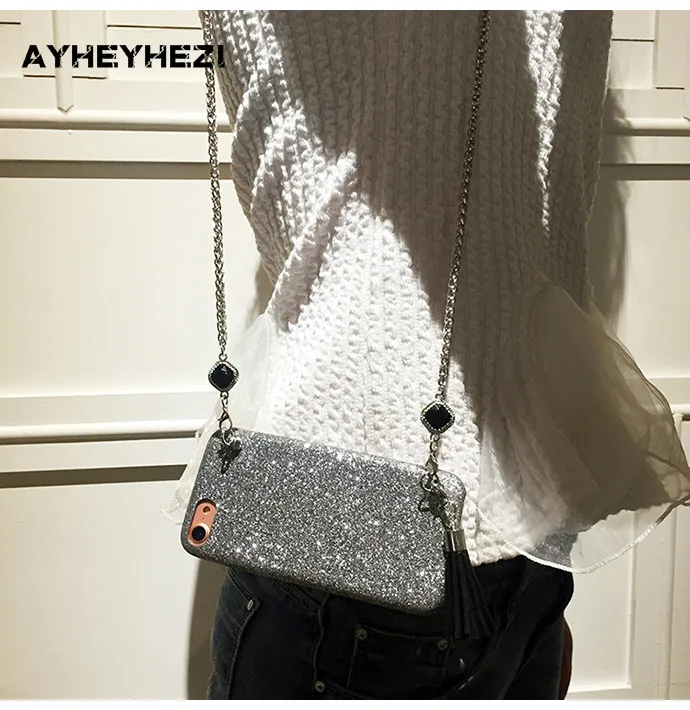 Functional Soft Bling Glitter Crossbody Phone Cover With Long Chain for Iphone XS MAX XR X 8 7 6S 6 Plus Case Insta Good Hot | Мобильные