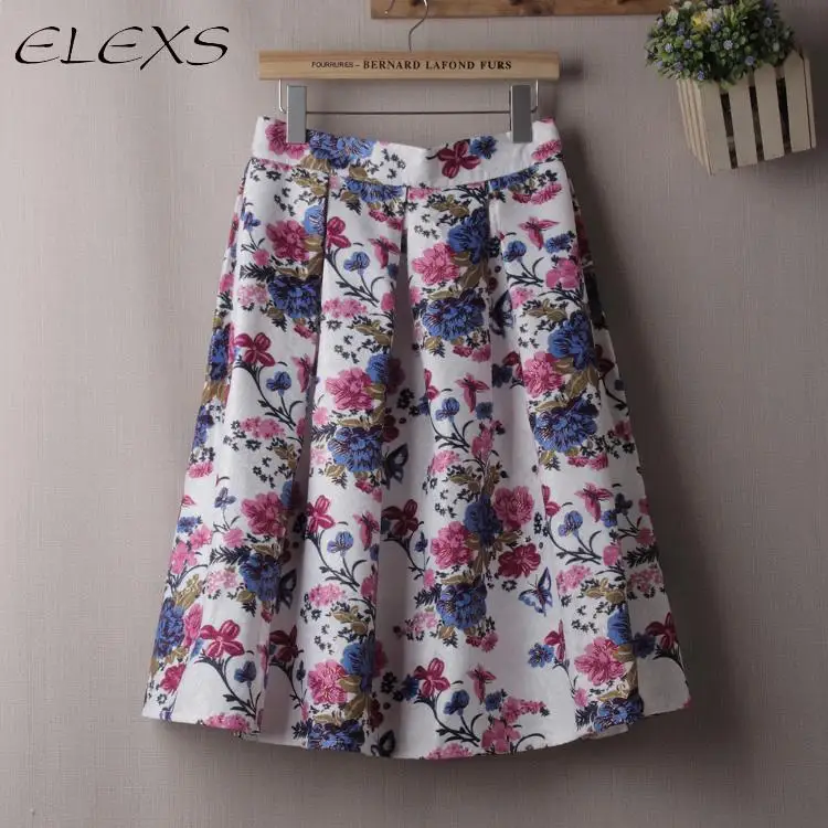Elexs юбка миди Высокая Талия Для женщин Мода Цветочный принт плиссированные юбки для Весна, лето, осень e7817