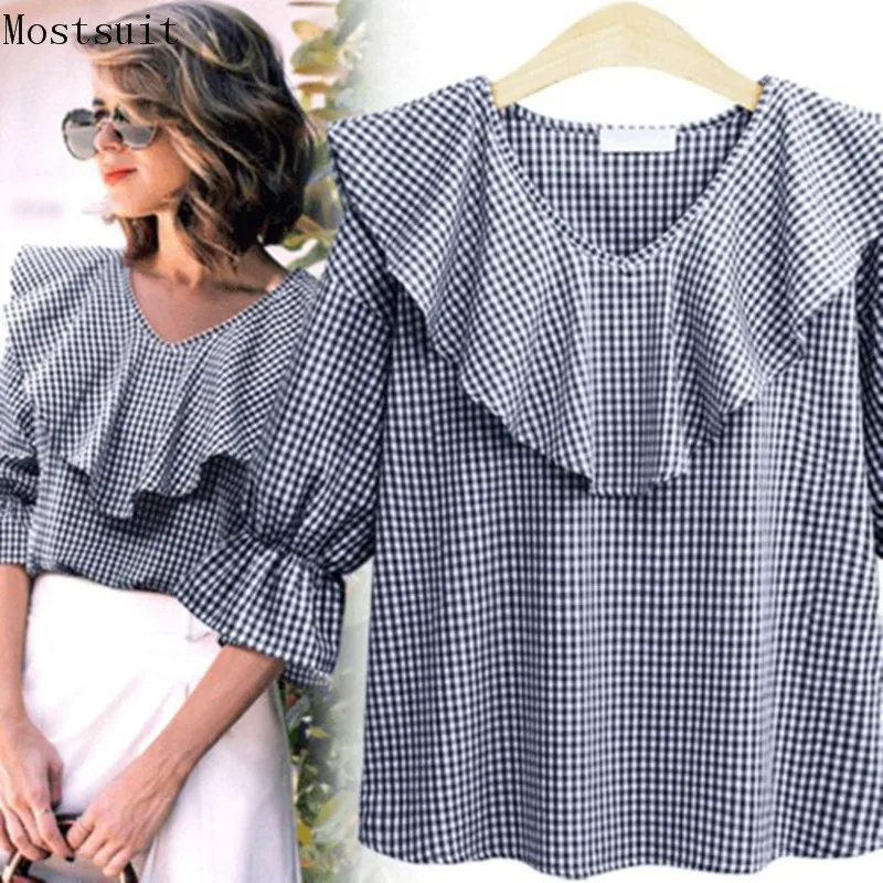 

Ruffles Plaid Blouse Tunic Casual Office V-neck Flare Sleeve Tops Shirt Loose Fashion Blusas Femininas Mujer Red Black 2018 New
