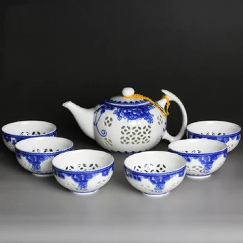 

Chinese blue and white porcelain hollow ceramic kungfu tea set 1 teapot 6 tea cup set