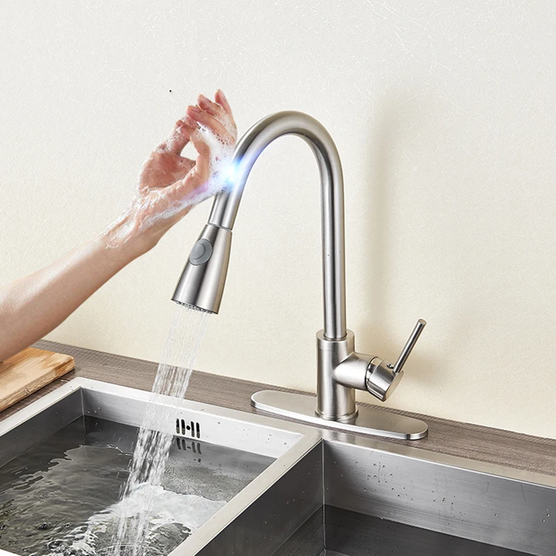 

Brushed Nickle Kitchen Faucet with Sense Function Hot and Cold Water Bathroom Kitchen Mixer Crane Tap (Deck Mounted)