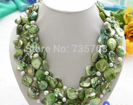 

HOT 0015327 4row 18mm green square shell white pearl necklace