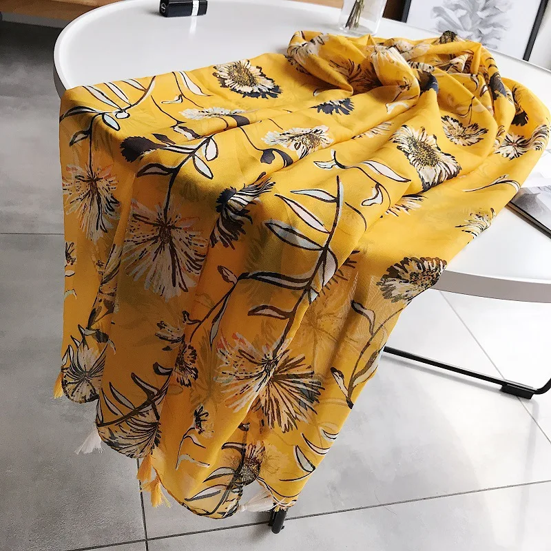 

2019 Women Spain Luxury Brand Yellow Floral Viscose Scarf Hijab Wrap Tassel Shawls Headband Muslim Hijab Scarves/scarf 180*100Cm