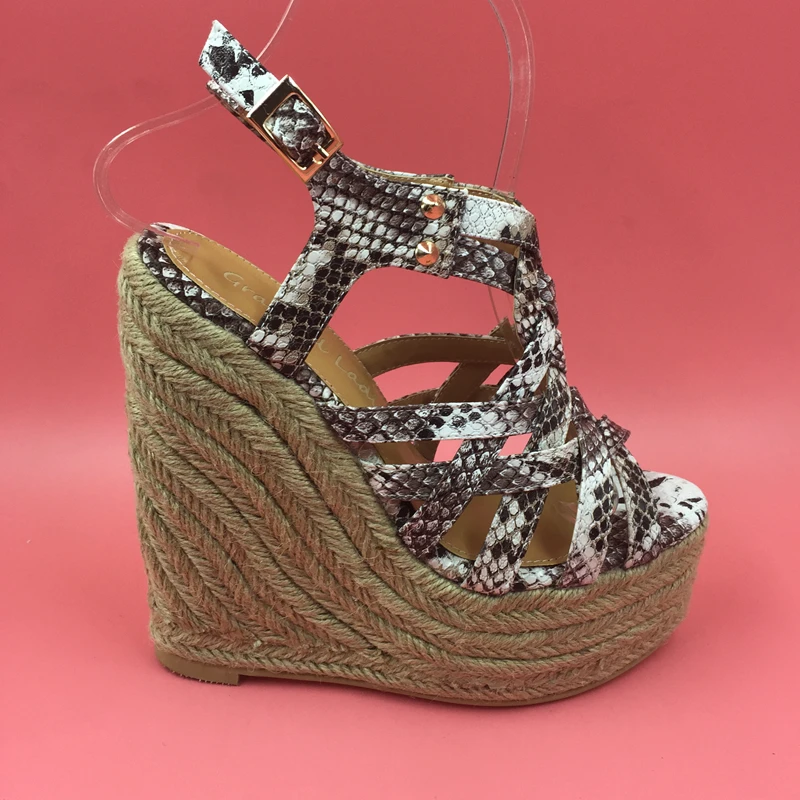 Snakeskin Pressed Rope Wedge Heels Women Sandals With Thick Platform Shoes Ladies Comfortable 