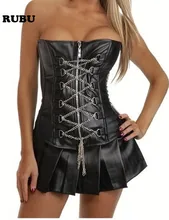 Sexy Black Zipper Chain Faux Leather Buckle Overbust Steel Bone Waistcoat Corset Top Skirt Steampunk women Bustier Cincher