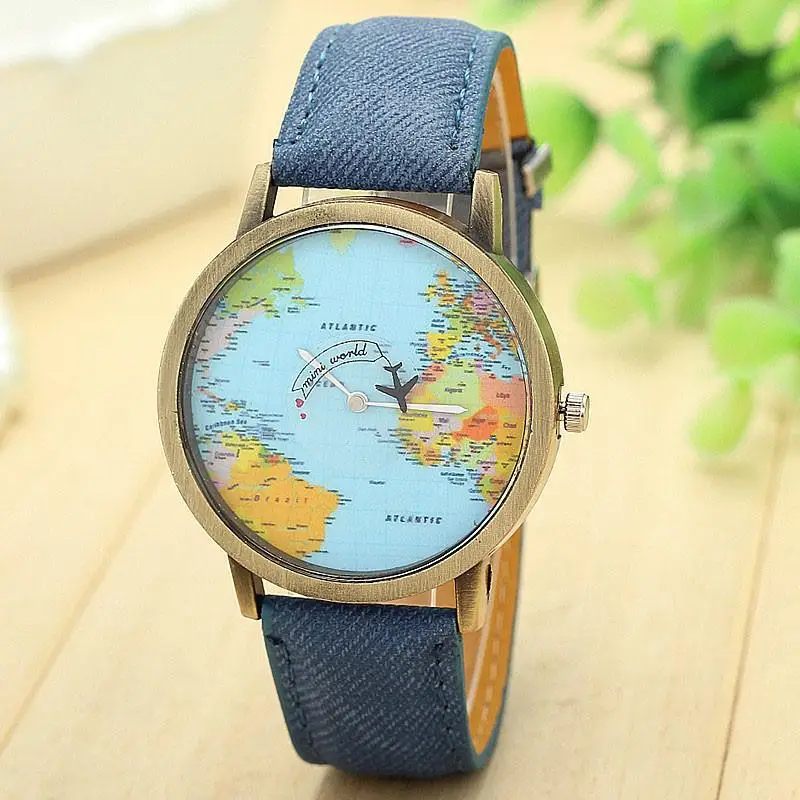 В настоящий момент# N03 Мода Глобальный путешествия на самолете карта Для женщин часы нарядные часы ремешок из джинсовой ткани часы для мужчин relogio feminino