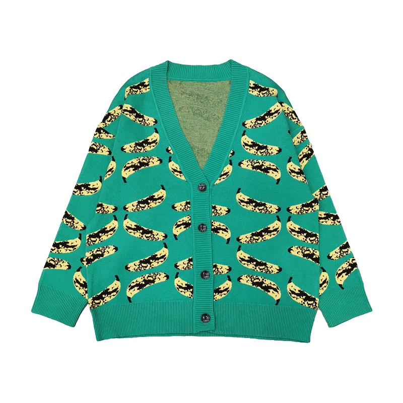 

Luxury Designer Brand Knitted Sweater for Women V Neck Banana Pattern Green Loose Knitted Cardigans Sweater