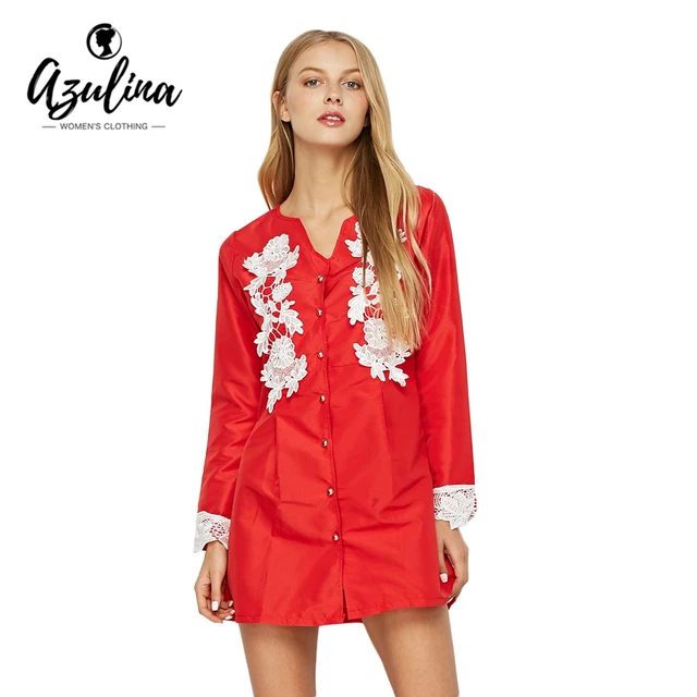 AZULINA 2017 Casual Spring Summer Red Shirt Dress Women Long Sleeve Lace Spliced Mini Female AZULINA 2017 Casual Spring Summer Red Shirt Dress Women Long Sleeve Lace Spliced Mini Female