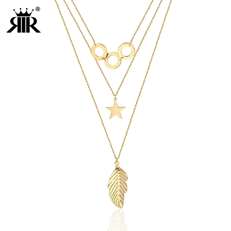 

RIR Unique Three Layered Multilayer Necklace For Women Bijoux Femme Collier Statement Pendant Necklace Long Chain Necklaces