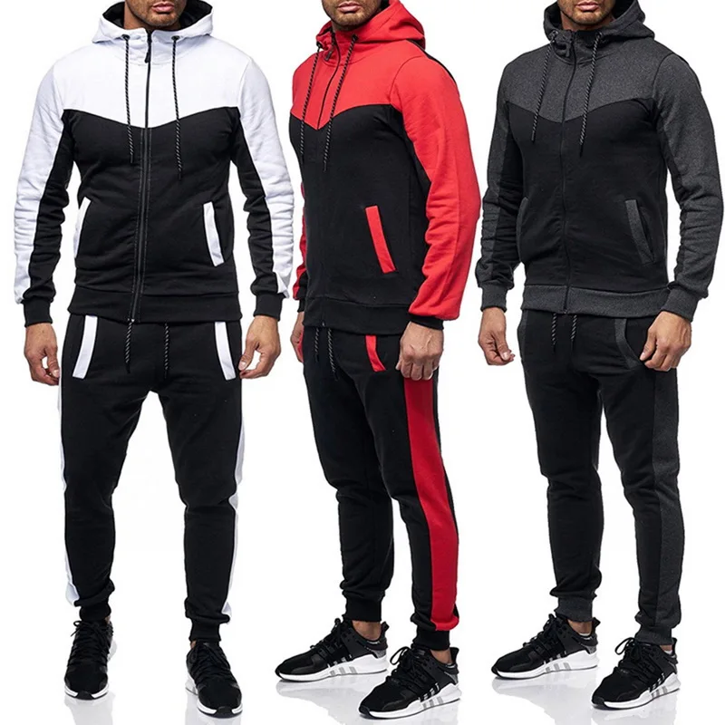 

Shujin Patchwork Autumn Casual Suits Cotton Men's Sportswear Zipper Tracksuit Hooded Two Pieces Set Drawstring chandal hombre