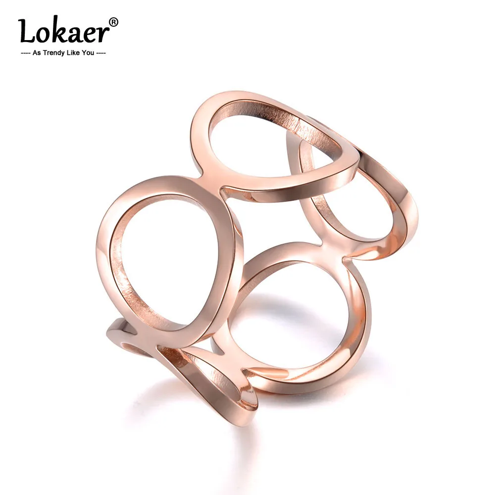 Lokaer Trendy Office Style Stainless Steel 5Pcs Circles Party Ring Rose Gold Color Geometric Rings Jewelry For Women Girl R19080