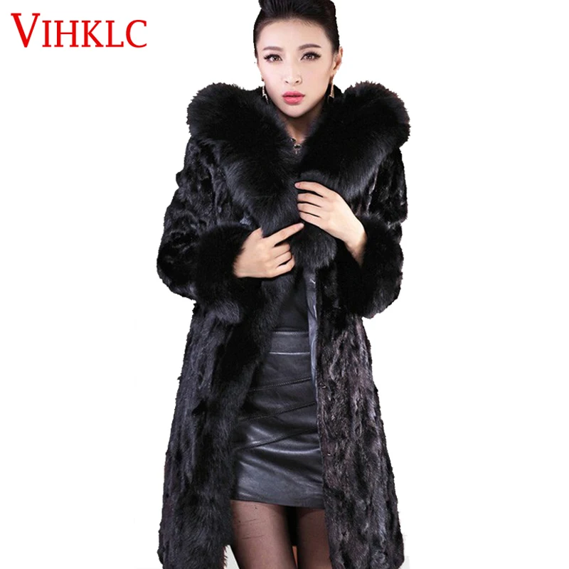 Fur Coat Female Outerwear Fox Fur Collar With Hooded X Long Design ...