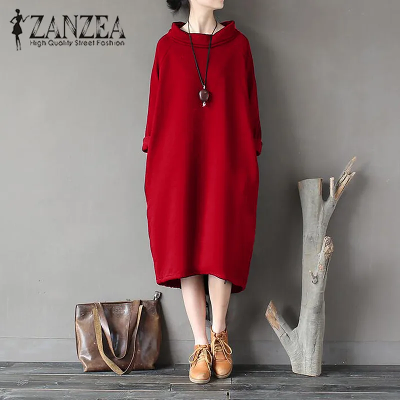 Billige Plus Größe 2018 Frauen ZANZEA Rollkragen Volle Hülse Unregelmäßigen Lace Up Split Hem Solid Lose Beiläufige Vestido Lange Sweatshirt Kleid