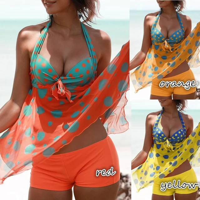 {Excellent|Wonderfull|Very Good|Very Recommended} Padded Halter Printed Asymmetric Hem Tankini Set Plus Size Swimsuit Mesh Polka Dot Swimdress Vintage Retro Tankini Set Swimwear Discount Price