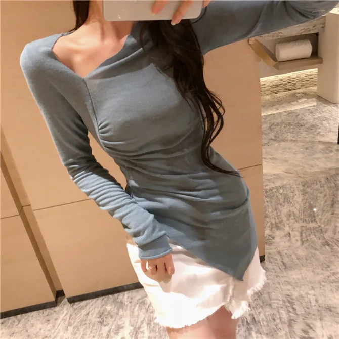 

GRUIICEEN 2018 autumn spring asymmetrical neck long sleeve t shirt women sexy long style slim top tee GY2018292