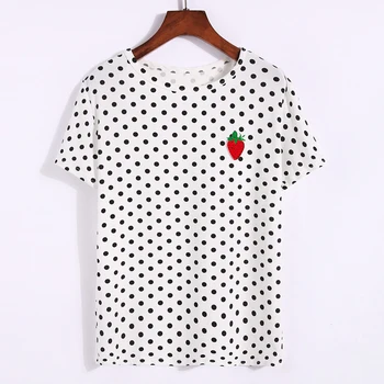 

Women Summer Top Japanese Harajuku Style Short Sleeve T Shirt Polka Dots Lovely Strawberry Printed Tee Shirt O-neck Bottoming