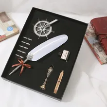 White Vintage Feather Dip Pen Gift Box Sets Quill calligraphy ink Pens with 5 Nibs Metal Fountain Pen Calligraphy Writing pen new nature feather calligraphy handwriting dip pen set with 2 wax seals 1 stamper 1 ink 5 nibs