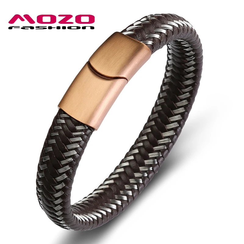 

MOZO FASHION 2020 New Men Steel Wire & Leather Braided Rope Bracelet Stainless Steel Magnetic Clasp Bracelets Male Jewelry 112