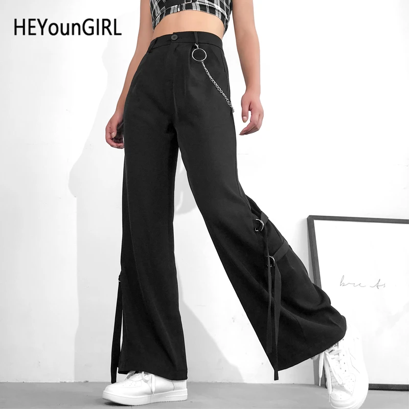 HEYounGIRL Black High Waist Bell Bottom Pants Patchwork Strips Suit Pants Capri Harajuku Flared Trousers Women Streetwear Office HEYounGIRL Black High Waist Bell Bottom Pants Patchwork Strips Suit Pants Capri Harajuku Flared Trousers Women Streetwear Office