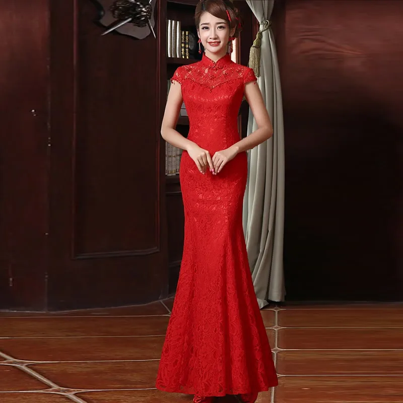 

Fashion Red Chinese Traditional Dress Chinese Wedding Cheongsam Dress Fishtail Chinese Qipao Lady Evening Party Dress