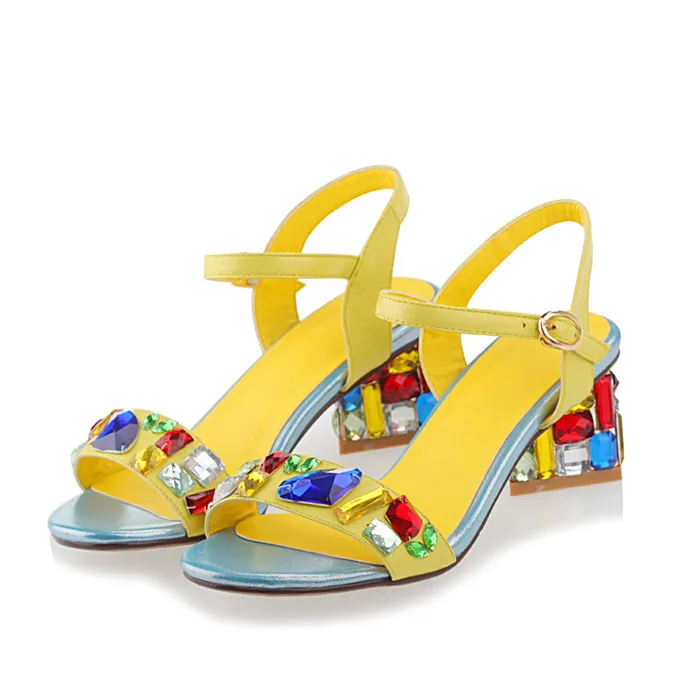 Meotina/Женская обувь; Летние босоножки из натуральной кожи со стразами; обувь на необычном каблуке; Босоножки с открытым носком и пряжкой для вечеринок; 43 - Цвет: Цвет: желтый