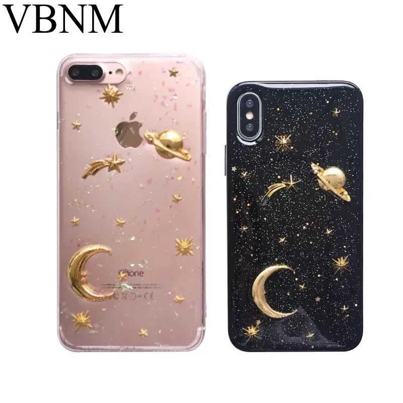 Silicone Planet Star Sequin Phone Case For iPhone X XS Max XR Gold Moon Decor 7 6S 6 8 Plus Cover Fundas |