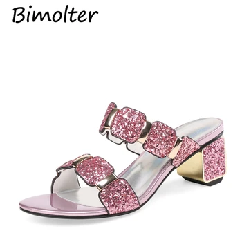 

Bimolter Fashion Glitter Sequined Women Summer Party Shoes Slides Bling Pink High Heels Pumps Lady Slippers Plus Size 43 NB145