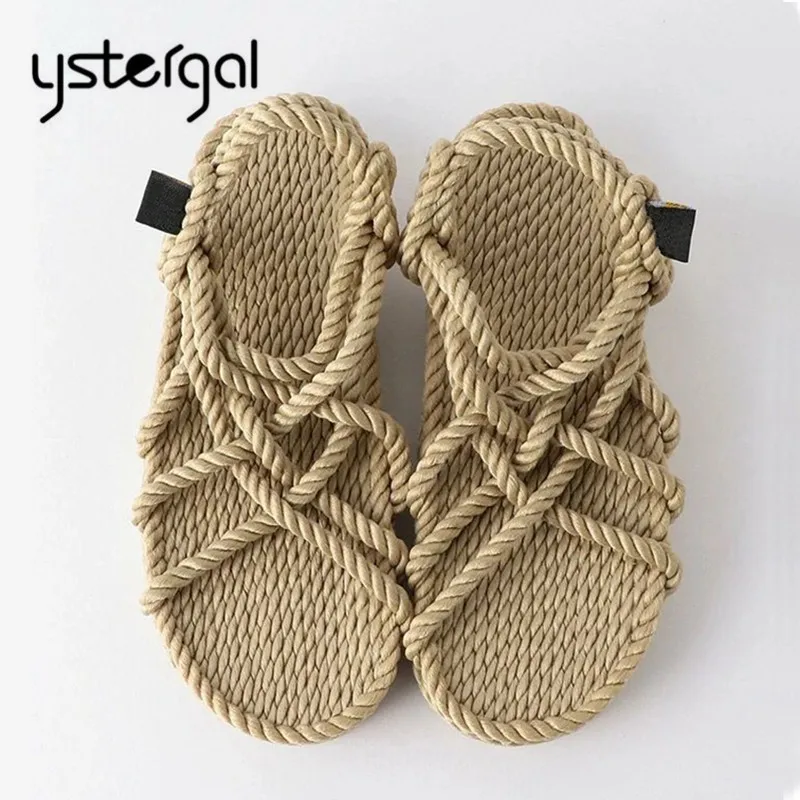 

Ystergal Handmade Women Flat Sandals Rope Beach Shoes Woman Casual Slides Ladies Gladiator Sandal Flats Platform Shoes Woman