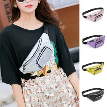 

Fashion Women Glitter Waist Fanny Pack Belt Zipper Waist Bag Bum Pouch Travel Waist Packs