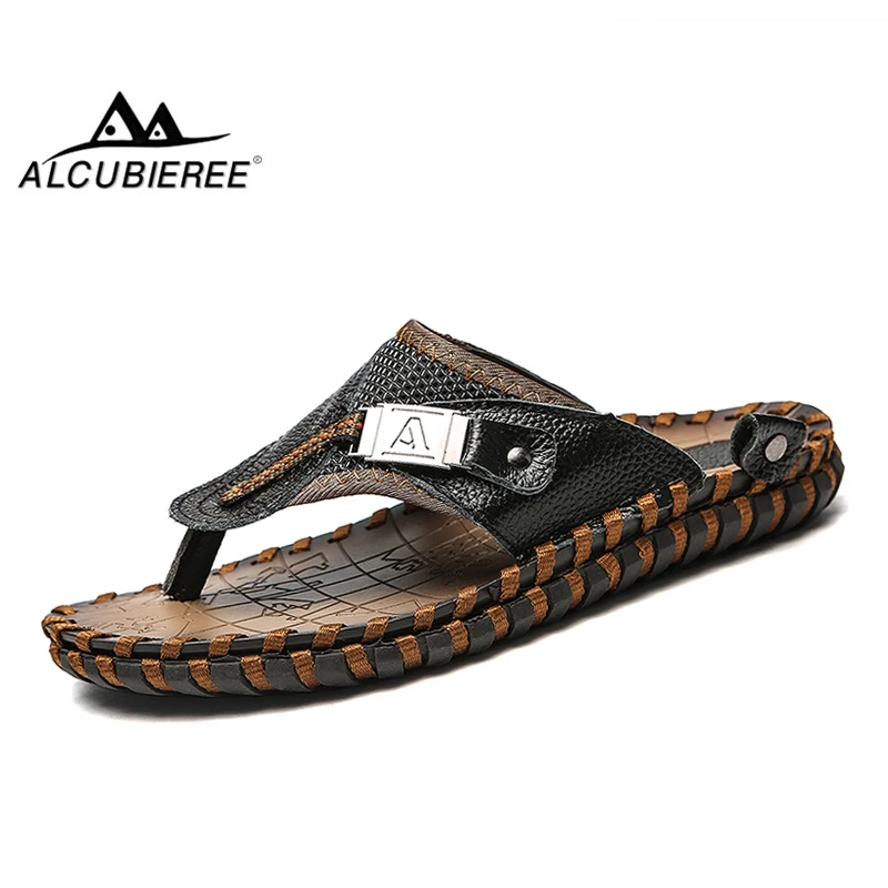 ALCUBIEREE/мужские шлепанцы; вьетнамки из натуральной кожи; летняя пляжная обувь дышащая сандалии; освежающие слипоны; большие размеры 47, 48