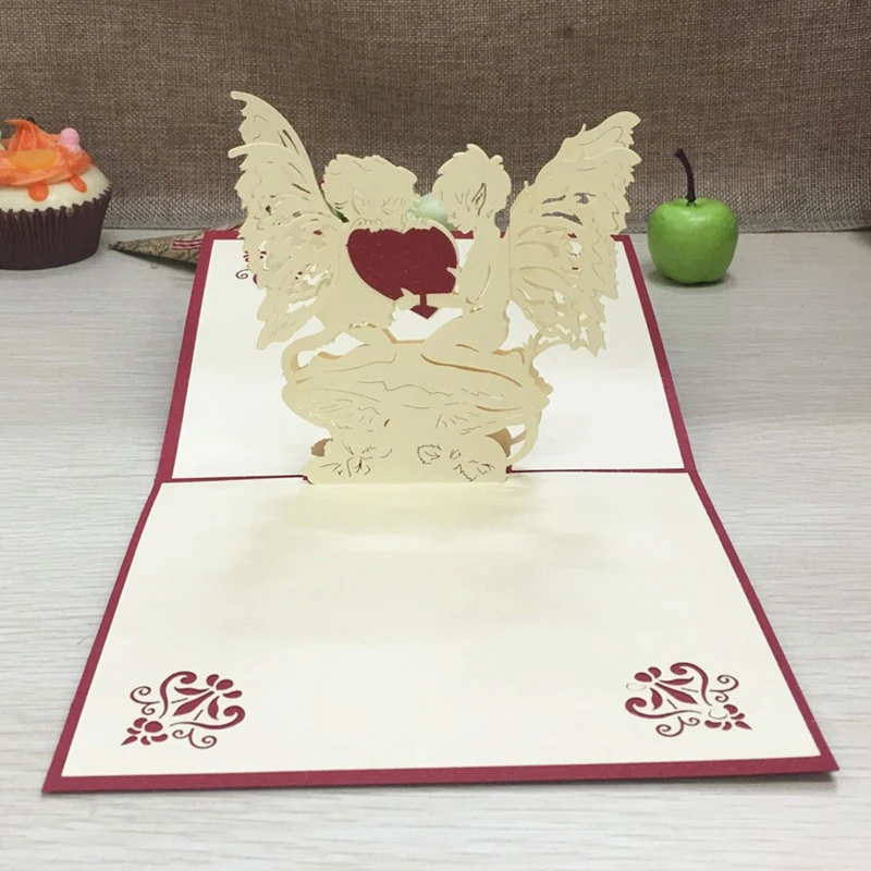 1pcs Angel Heart Laser Cut Paper Greeting 3D Pop Up Kirigami Card Wedding Invitation Birthday Valentine's Day Postcards Gifts (2)