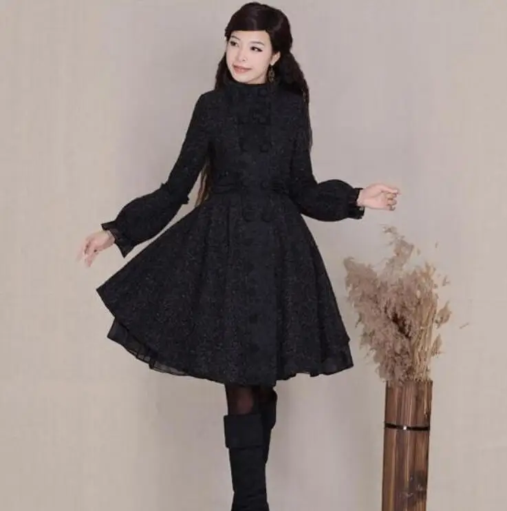 

2019 New Autumn Winter Women's Retro Double-breasted Lantern Sleeve Wool Coat Female Slim Woolen Jacket Outwear