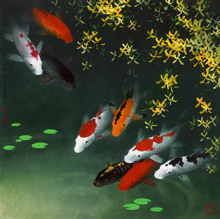 Chinese nine koi fish river landscape oil painting canvas