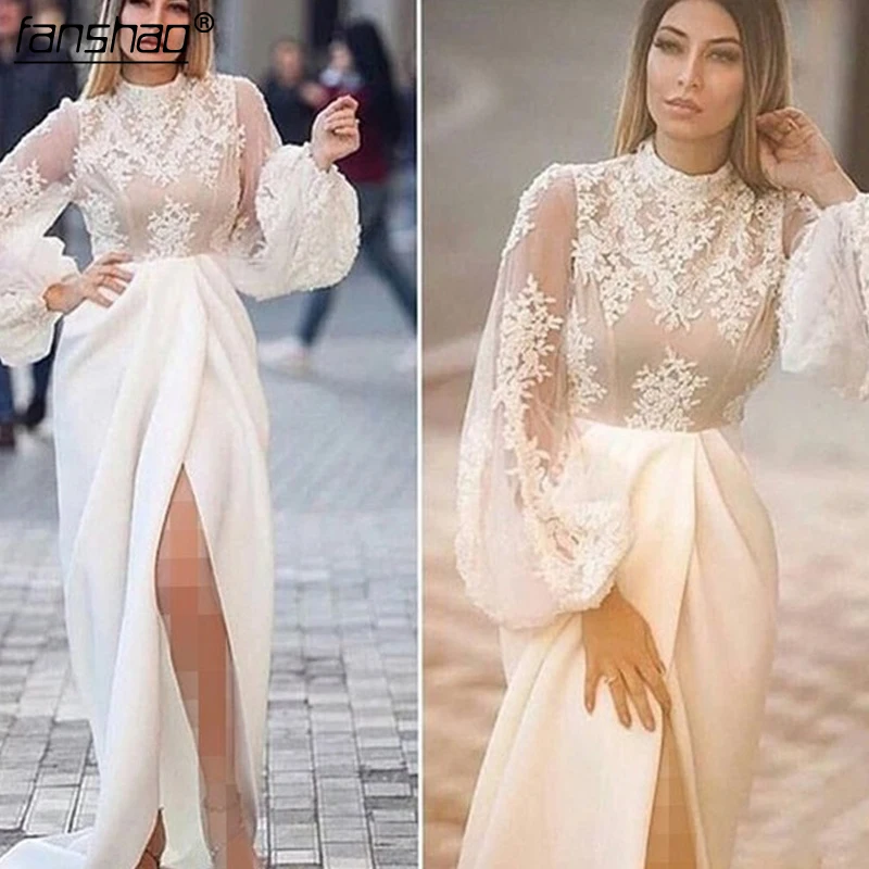 

White Muslim Evening Dress High Neck High Slit Lace Mermaid Islamic Dubai Saudi Arabic Long Elegant Evening Gown Long Prom Dress