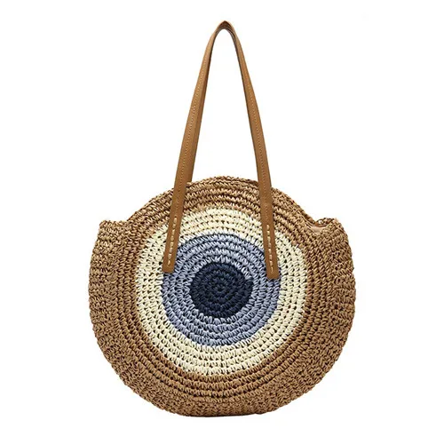Ручная женская сумка на плечо, круглая плетеная Сумка из ротанга, богемная Соломенная пляжная сумка для летнего отдыха, женская сумка-тоут - Цвет: 43cm X 44cm X 10cm