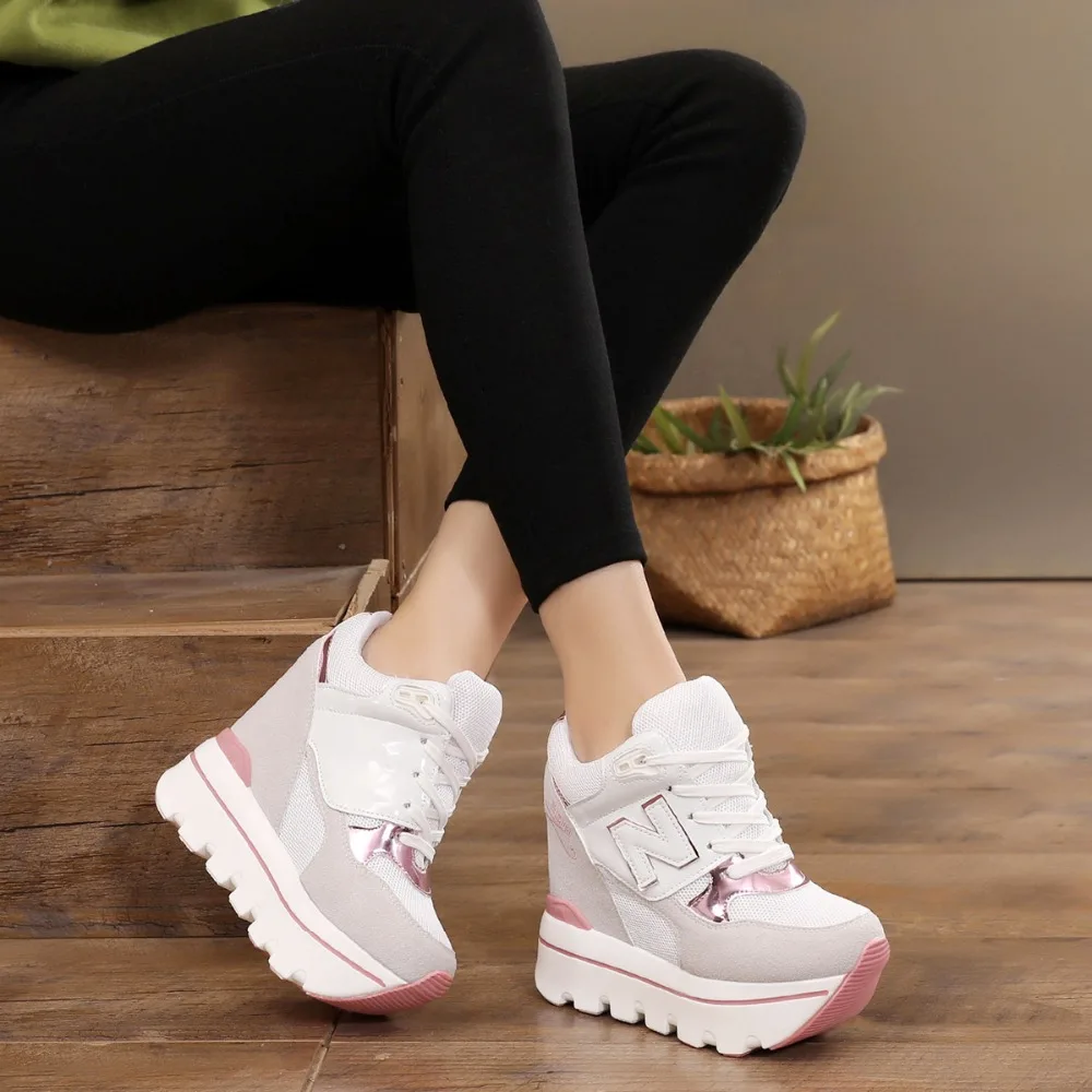 Woman Platform Shoes Hidden Heel Height Increasing Mesh Casual Wedges Shoes Female Chaussure Femme 11cm Heels Sneakers