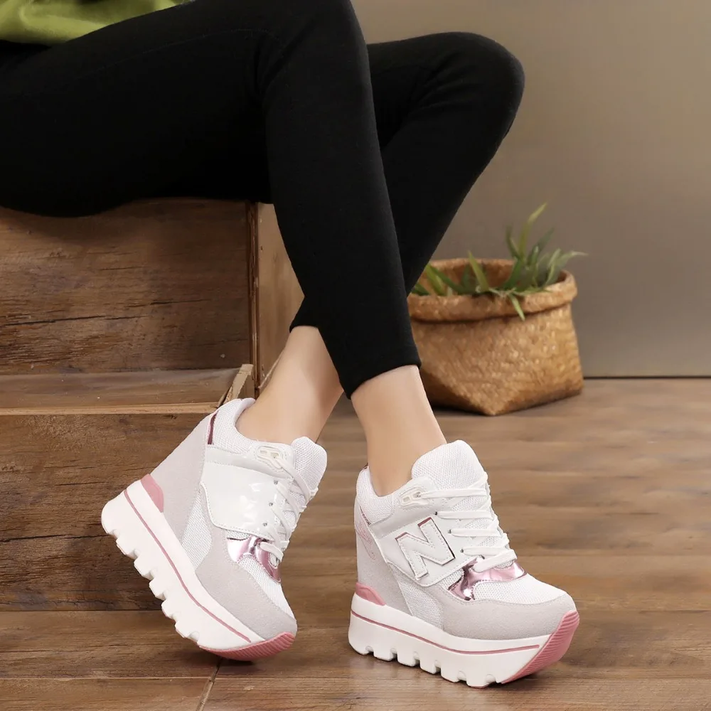 2019 Woman Platform Shoes Hidden Heel Height Increasing Mesh Casual Wedges Shoes Female Chaussure Femme 11cm Heels Sneakers