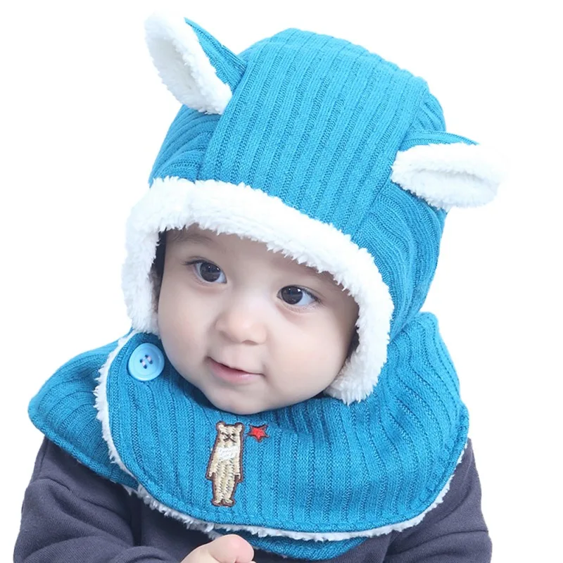 Теплый шарф с капюшоном; зимние однотонные вязаные шапки для маленьких мальчиков и девочек; детская теплая шапка с ушками - Цвет: L