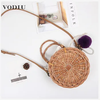 

Women Rattan Handbag Messenger Bag Straw Braided Summer New Ins With The Same Paragraph Small Round Beach Female Shoulder Bags