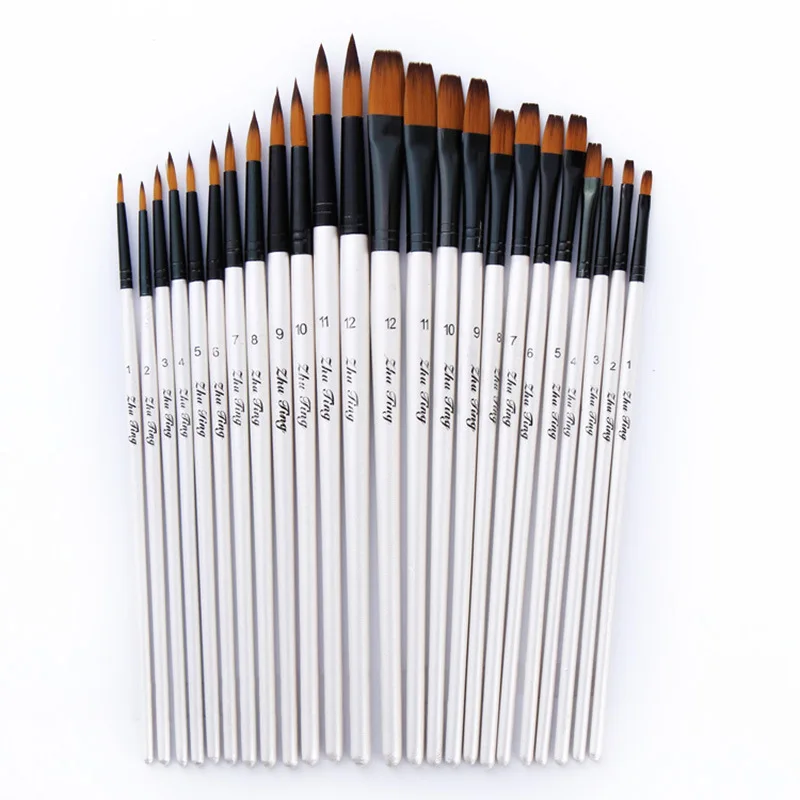 Kopen 12 24 STKS Nylon Haar Houten Handvat Aquarel Kwast Pen Set voor Learning Olie Acryl Schilderen Art Verf Borstels levert
