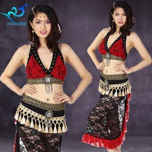 Племенной набор костюма для танца живота кружева Хэллоуин вечерние египетские представления юбка Цыганская болливудская одежда Бюстгальтер и хип шарф 2 шт