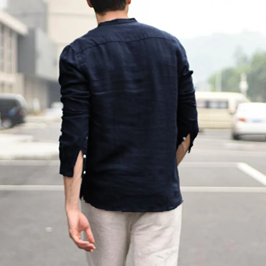 Camisa masculina Мужская винтажная однотонная льняная Однотонная рубашка с длинными рукавами, ретро Рубашки, Топы, блузка