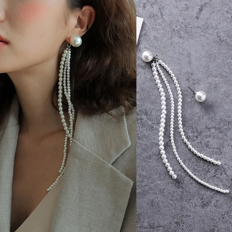 Korean Style Imitation Pearl Long Tassel Earrings for Women Fashion