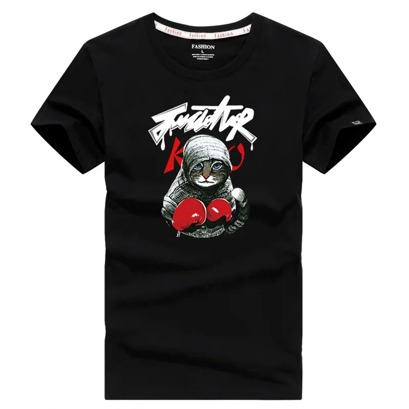 

100% Cotton Men T Shirt Plus Size 5XL Tee Shirt Homme Summer Short Sleeve Casual Mens T-Shirts Fighting Cat Print Funny T Shirts