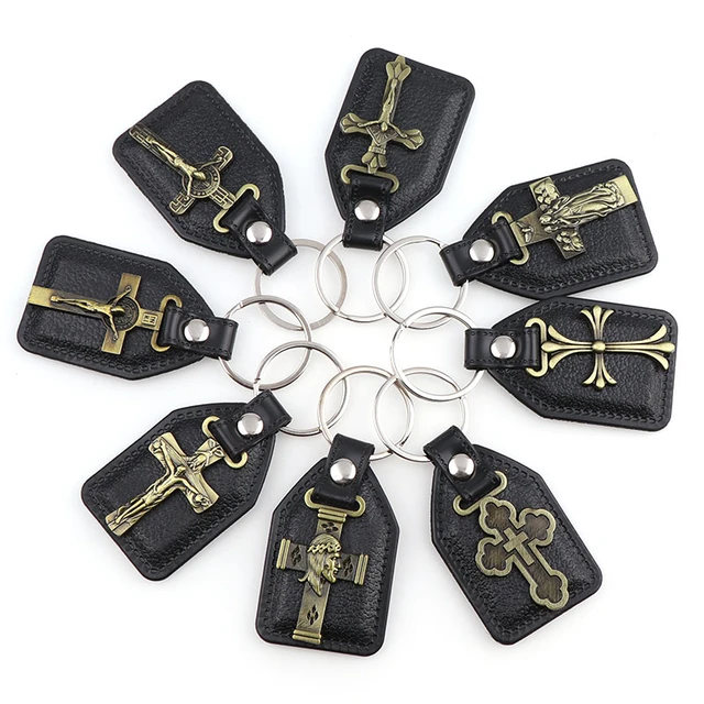 12pcs PU Leather KeyChains Catholic Key Charm Pendants For Men Black Tag  Antique Bronze Plated Hook Key Religion Key Charms - AliExpress