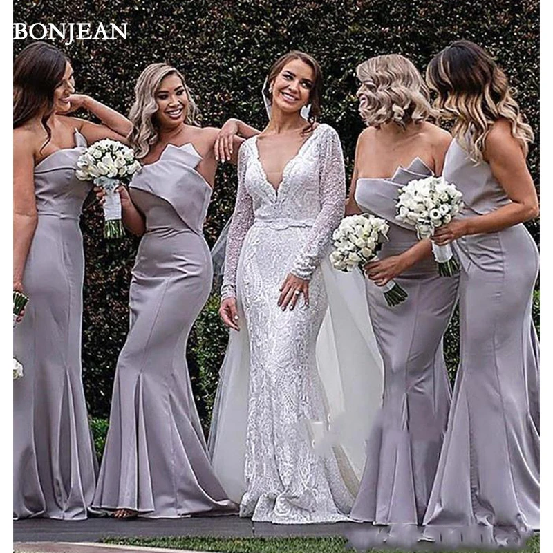 

2020 Elegant Mermaid Strapless Long Bridesmaids Dresses New Western Country Garden Wedding Guest Dress Pleats Long Trumpet