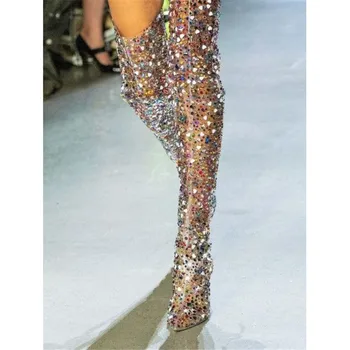 

Luxury Transparent PVC Colorful Rhinestone Studded Thigh High Boots Design Clear Crystal High Heels Fashion Catwalk Women Boots