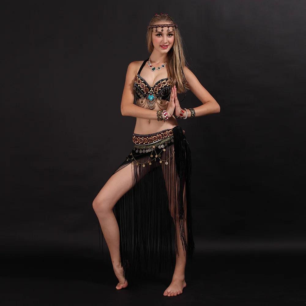 Сексуальный арабский Племенной бюстгальтер от костюма для танца живота+ пояс с кисточками комплект из 2 предметов Восточный костюм Женская Одежда для танцев S/34 M/36 L/38