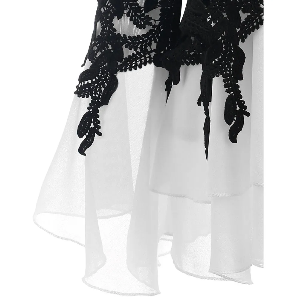 Кружевное лоскутное шифоновое топы и блузки плюс размер v-образный вырез блузка летняя аппликация расклешенный рукав женские Офисная